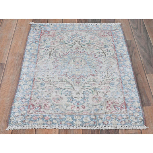 Persian Worn Wool Hand Knotted Rug Ivory Blue 2.0X2.7 -O081966