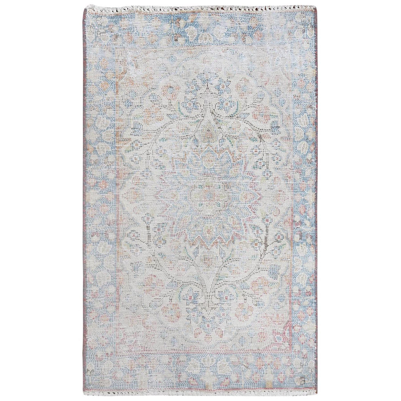 Ivory 1'9" x 2'9" Overdyed & Vintage Worn Hand knotted Wool Rug - Sku: O081969