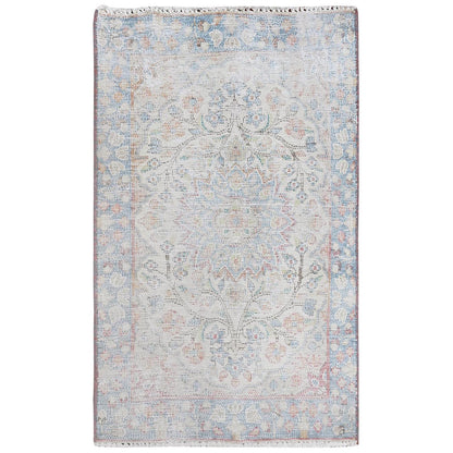 Overdyed & Vintage Worn Wool Hand Knotted Rug Ivory Blue 1.9X2.9 -O081969