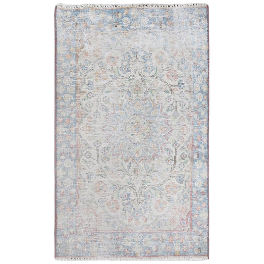 Overdyed & Vintage Worn Wool Hand Knotted Rug Ivory Blue 1.9X2.9 -O081969