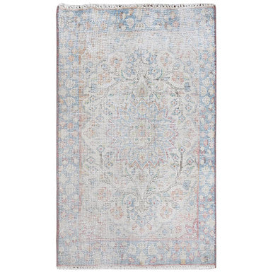 Overdyed & Vintage Worn Wool Hand Knotted Rug Ivory Blue 1.9X2.9 -O081969