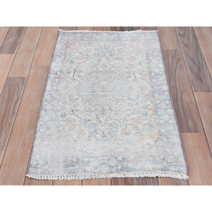Overdyed & Vintage Worn Wool Hand Knotted Rug Ivory Blue 1.9X2.9 -O081969