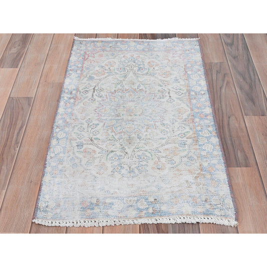 Overdyed & Vintage Worn Wool Hand Knotted Rug Ivory Blue 1.9X2.9 -O081969