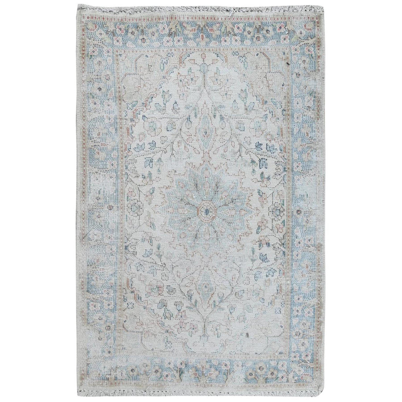 Ivory 1'10" x 2'10" Overdyed & Vintage Worn Hand knotted Wool Rug - Sku: O081970