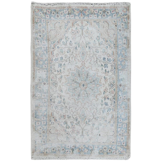 Overdyed & Vintage Worn Wool Hand Knotted Rug Ivory Blue 1.10X2.10 -O081970