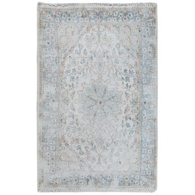 Overdyed & Vintage Worn Wool Hand Knotted Rug Ivory Blue 1.10X2.10 -O081970
