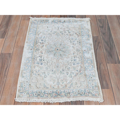 Overdyed & Vintage Worn Wool Hand Knotted Rug Ivory Blue 1.10X2.10 -O081970