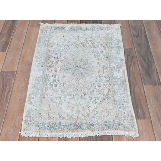 Overdyed & Vintage Worn Wool Hand Knotted Rug Ivory Blue 1.10X2.10 -O081970