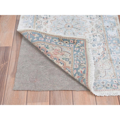 Overdyed & Vintage Worn Wool Hand Knotted Rug Ivory Blue 1.10X2.10 -O081970