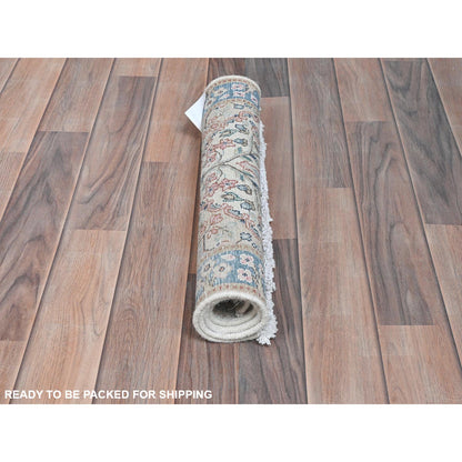Overdyed & Vintage Worn Wool Hand Knotted Rug Ivory Blue 1.10X2.10 -O081970
