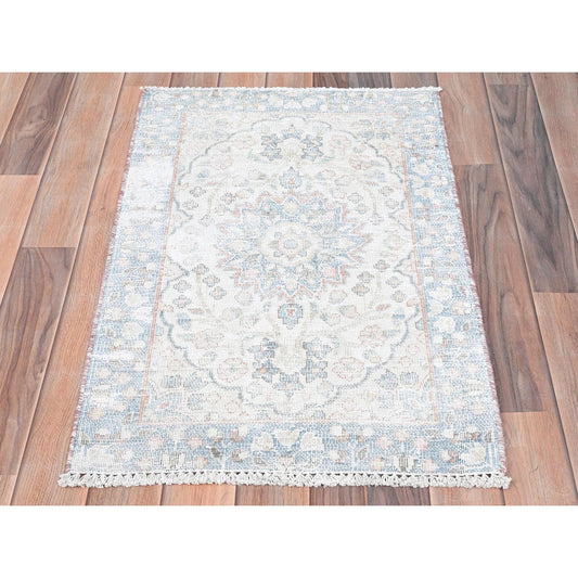 Overdyed & Vintage Worn Wool Hand Knotted Rug Ivory Blue 2.0X2.9 -O081973