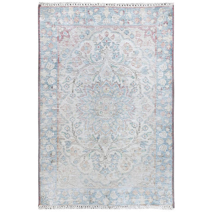Overdyed & Vintage Worn Wool Hand Knotted Rug Ivory Blue 2.0X2.9 -O081974