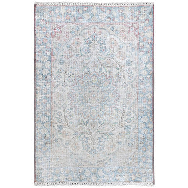 Overdyed & Vintage Worn Wool Hand Knotted Rug Ivory Blue 2.0X2.9 -O081974