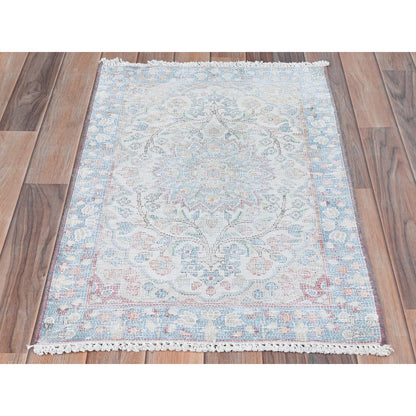 Overdyed & Vintage Worn Wool Hand Knotted Rug Ivory Blue 2.0X2.9 -O081974