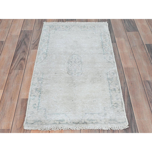 Overdyed & Vintage Worn Wool Hand Knotted Rug Ivory Ivory 1.9X3.6 -O081977