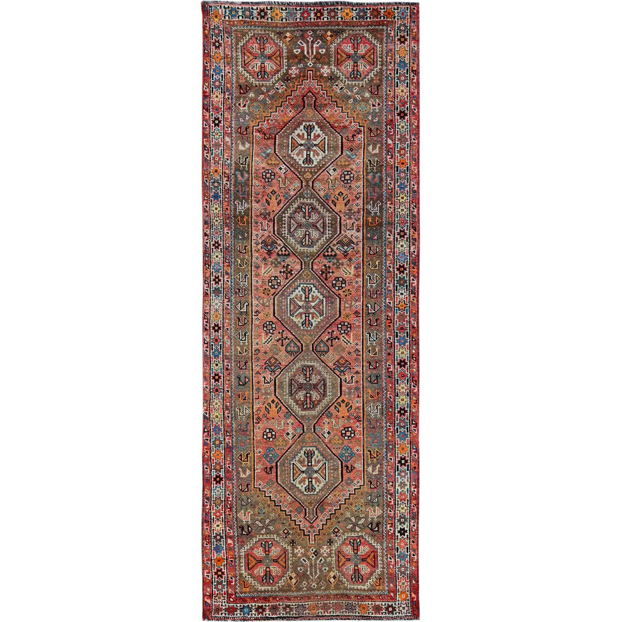 Overdyed & Vintage Wool Hand Knotted Rug Red 4.2x11.4 -O0819