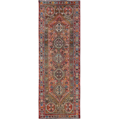 Overdyed & Vintage Wool Hand Knotted Rug Red 4.2x11.4 -O0819