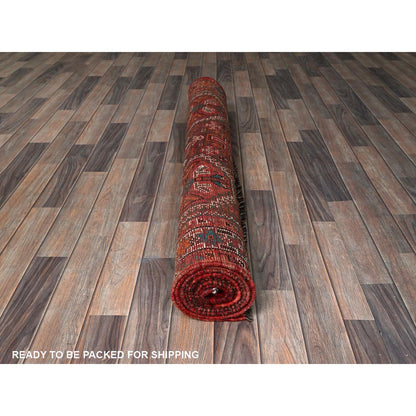 Overdyed & Vintage Wool Hand Knotted Rug Red 4.2x11.4 -O0819