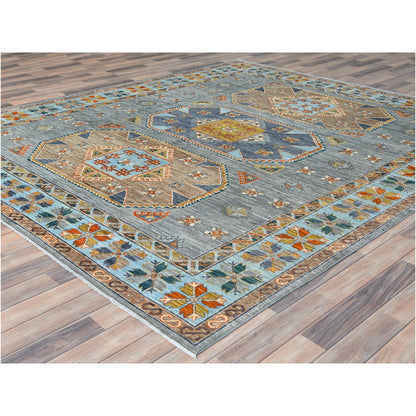Tribal & Geometric Wool Hand Knotted Rug Grey Light Blue 8.3X9.7 -O082029