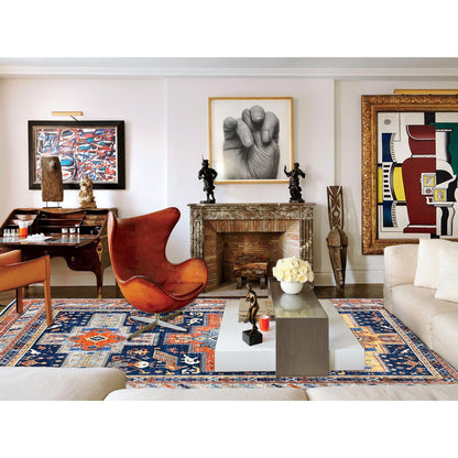 Tribal & Geometric Wool Hand Knotted Rug Blue Red 8.4X9.7 -O082030