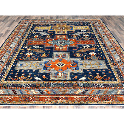 Tribal & Geometric Wool Hand Knotted Rug Blue Red 8.4X9.7 -O082030