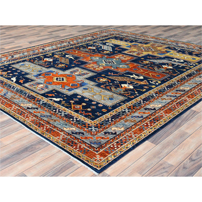 Tribal & Geometric Wool Hand Knotted Rug Blue Red 8.4X9.7 -O082030