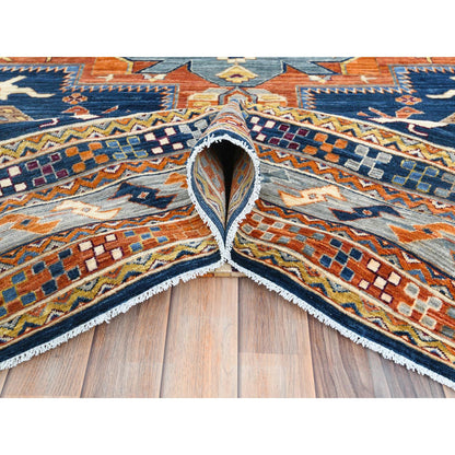 Tribal & Geometric Wool Hand Knotted Rug Blue Red 8.4X9.7 -O082030