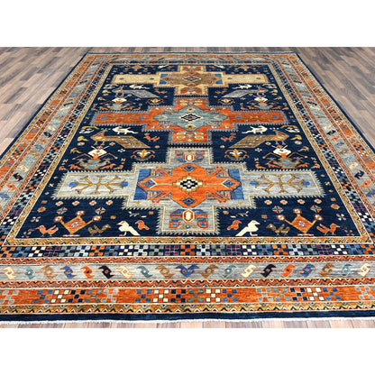Tribal & Geometric Wool Hand Knotted Rug Blue Gray 9.1X11.7 -O082031
