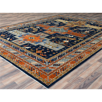 Tribal & Geometric Wool Hand Knotted Rug Blue Gray 9.1X11.7 -O082031