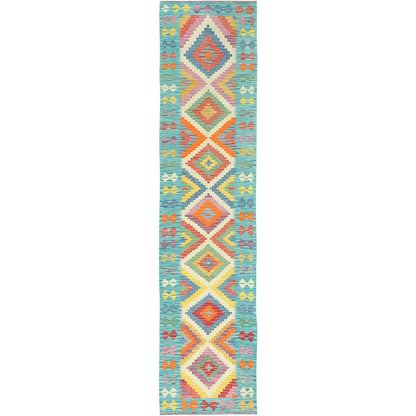 Flat Weave Wool Hand Woven Rug Multicolored Light Blue 2.7X12.9 -O082182