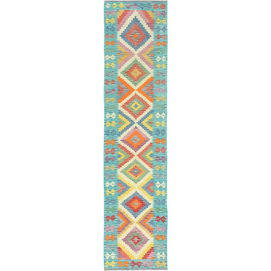 Flat Weave Wool Hand Woven Rug Multicolored Light Blue 2.7X12.9 -O082182