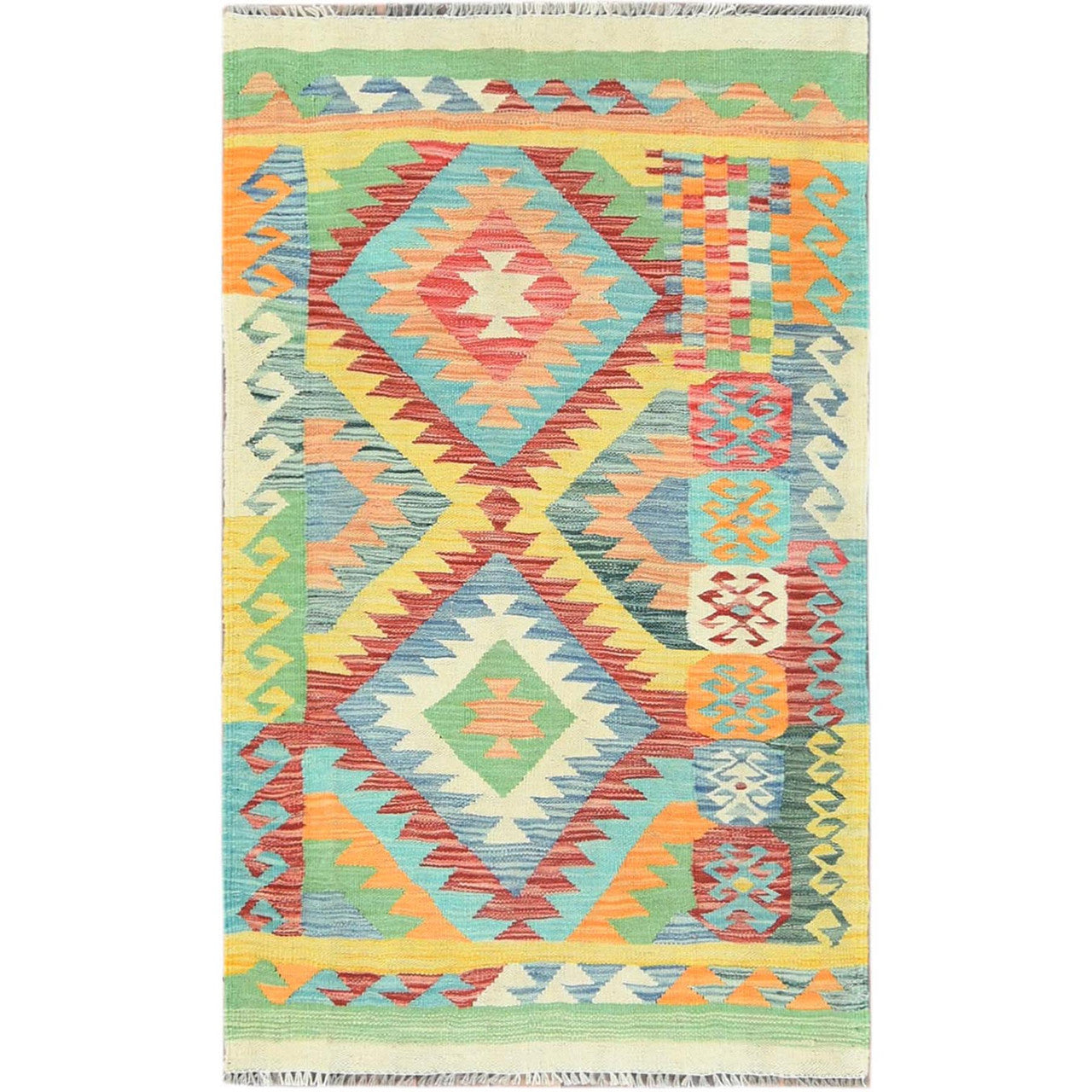 Ivory 2'10" x 4'8" Flat Weave Multicolored Colorful Hand woven Wool Rug -O082204