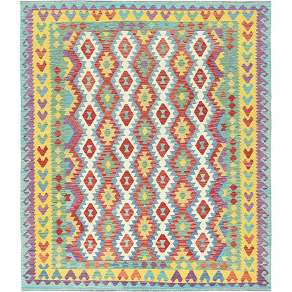 Flat Weave Wool Hand Woven Rug Multicolored Yellow 8.3X9.9 -O082215