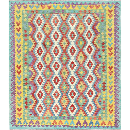 Flat Weave Wool Hand Woven Rug Multicolored Yellow 8.3X9.9 -O082215