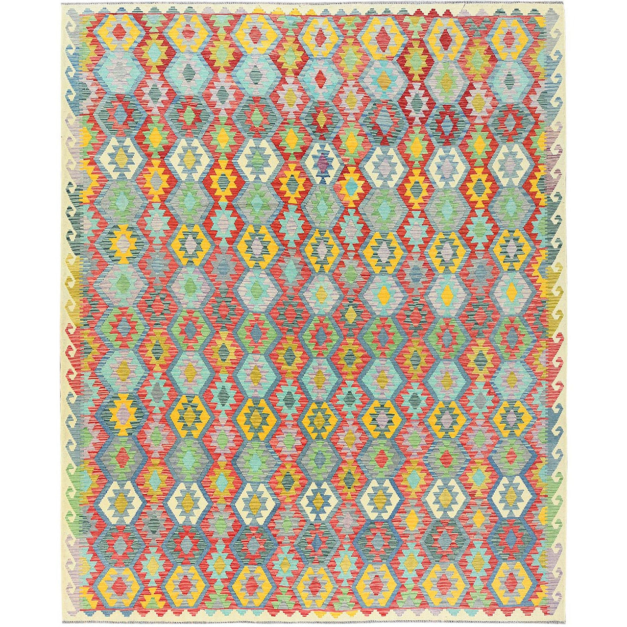 Ivory 10'1" x 13'1" Flat Weave Multicolored Colorful Hand woven Wool Rug -O082247