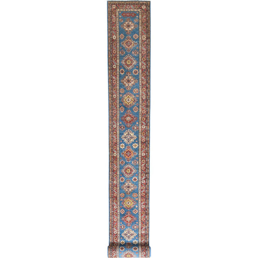 Kazak Wool Hand Knotted Rug Blue Red 2.9X40.6 -O082575