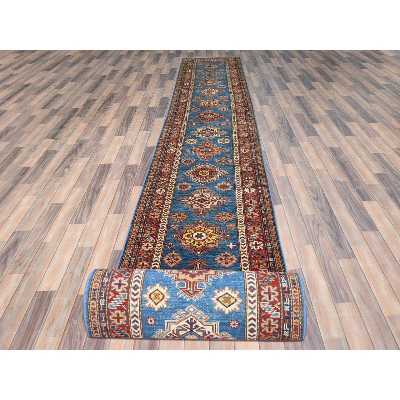Blue 2'9" x 40'6" Kazak Hand knotted Wool Rug - Sku: O082575
