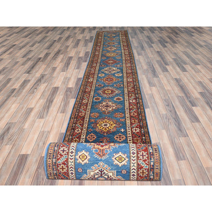 Kazak Wool Hand Knotted Rug Blue Red 2.9X40.6 -O082575