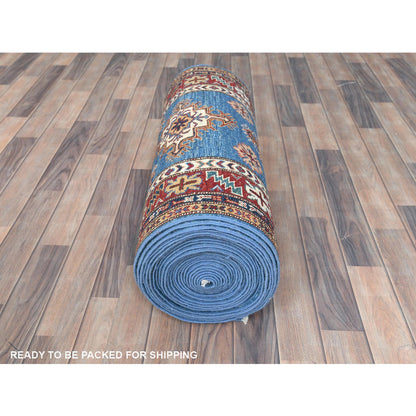 Kazak Wool Hand Knotted Rug Blue Red 2.9X40.6 -O082575