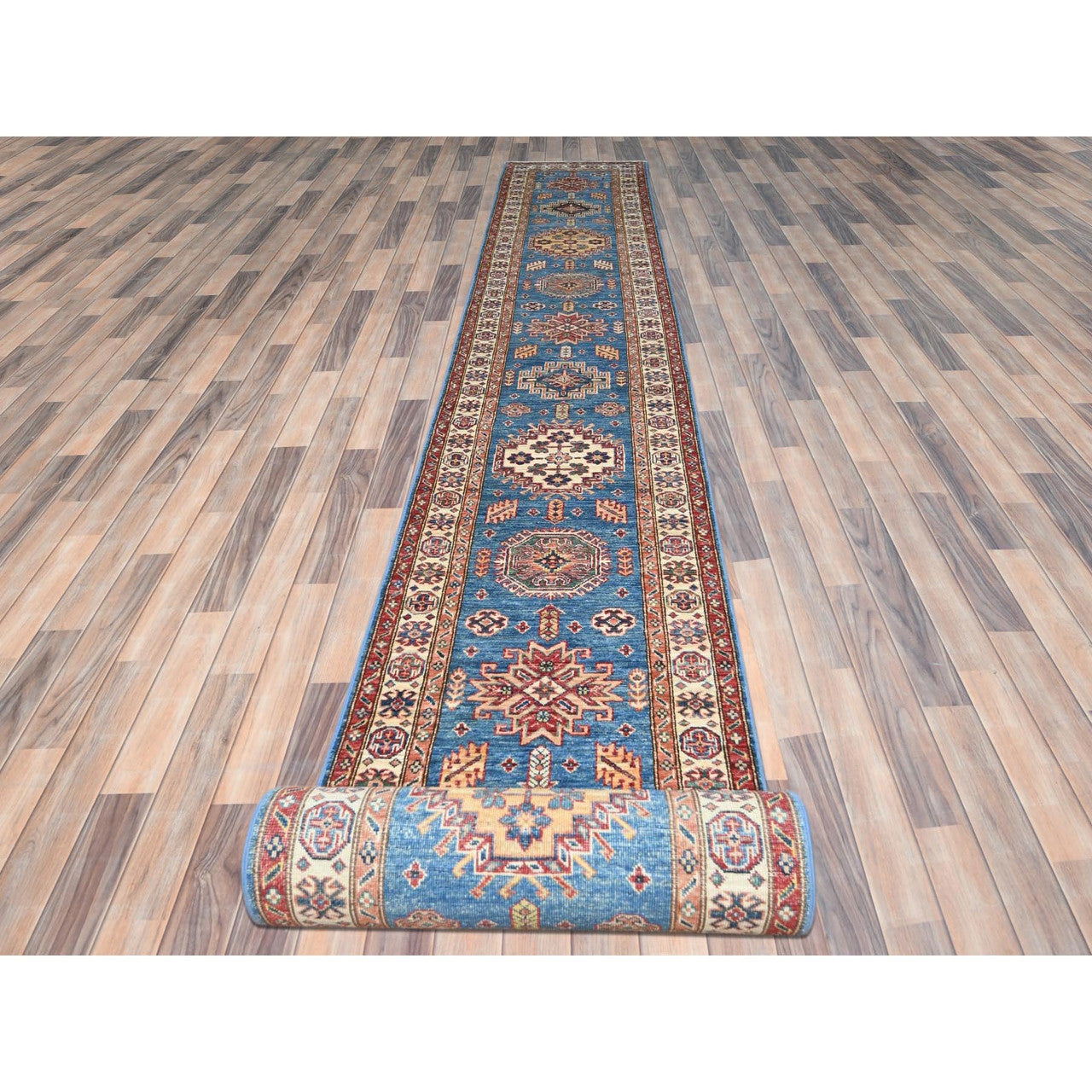 Blue 2'6" x 33'6" Kazak Hand knotted Wool Rug - Sku: O082577