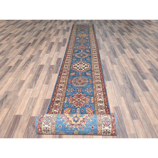 Kazak Wool Hand Knotted Rug Blue Ivory 2.6X33.6 -O082577