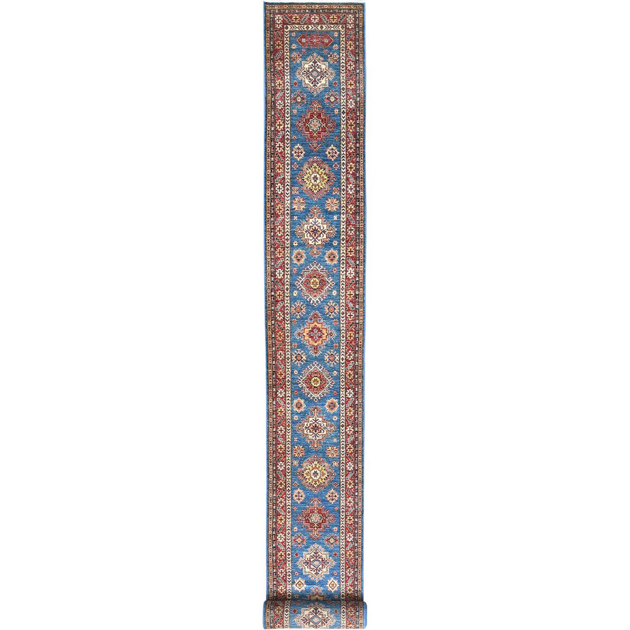 Blue 2'8" x 34'0" Kazak Hand knotted Wool Rug - Sku: O082579