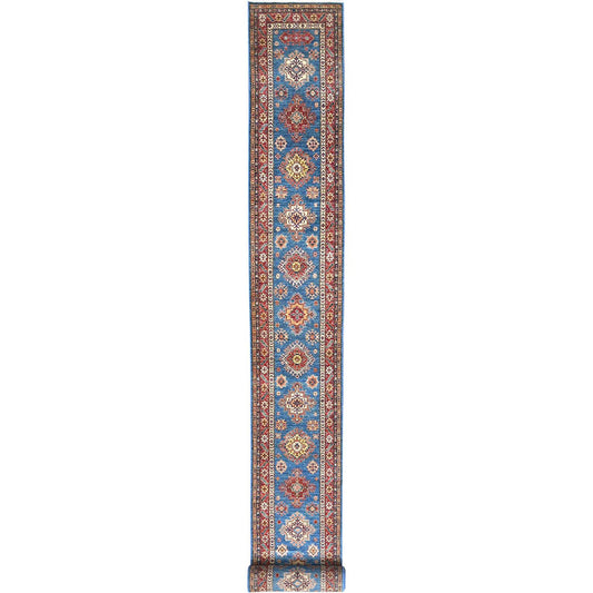 Kazak Wool Hand Knotted Rug Blue Red 2.8X34.0 -O082579
