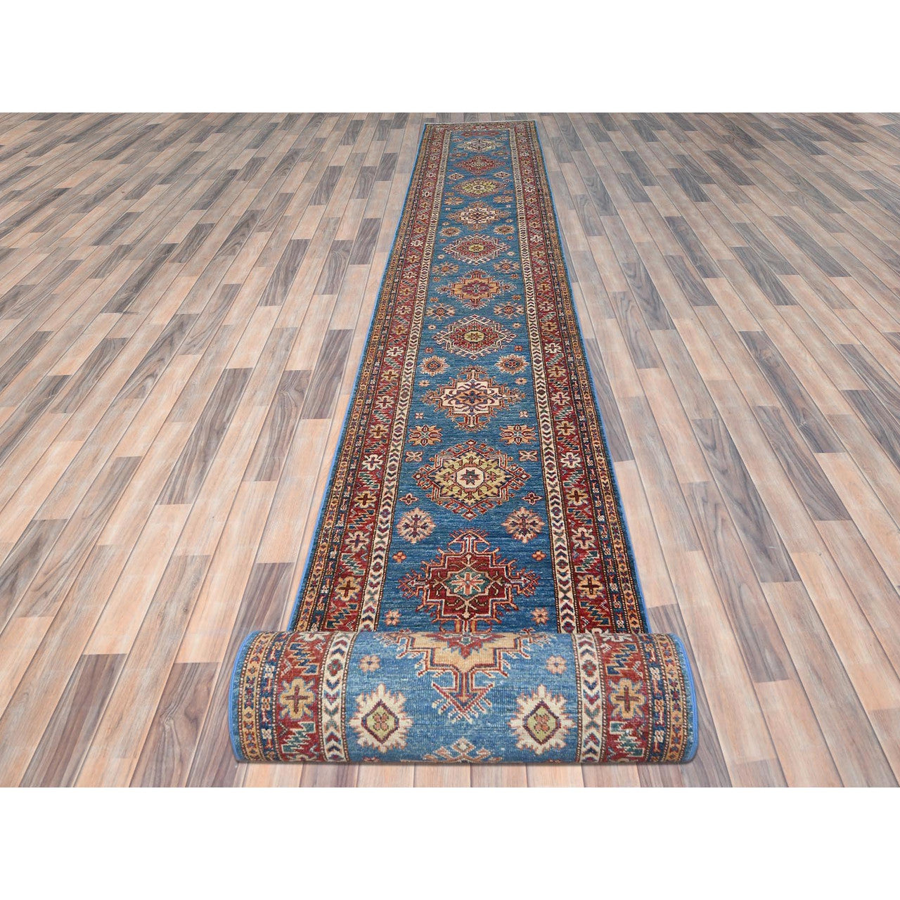 Blue 2'8" x 34'0" Kazak Hand knotted Wool Rug - Sku: O082579