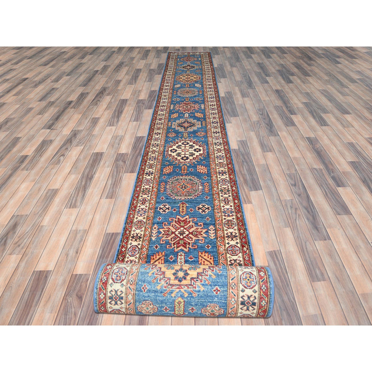 Blue 2'6" x 33'5" Kazak Hand knotted Wool Rug - Sku: O082580