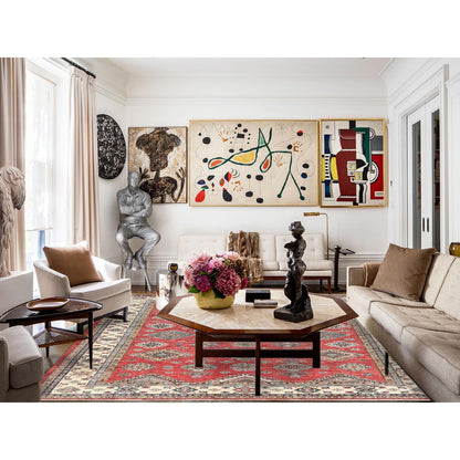 Kazak Wool Hand Knotted Rug Red Ivory 8.2X9.10 -O082586