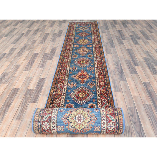 Kazak Wool Hand Knotted Rug Blue Red 2.7X34.0 -O082602