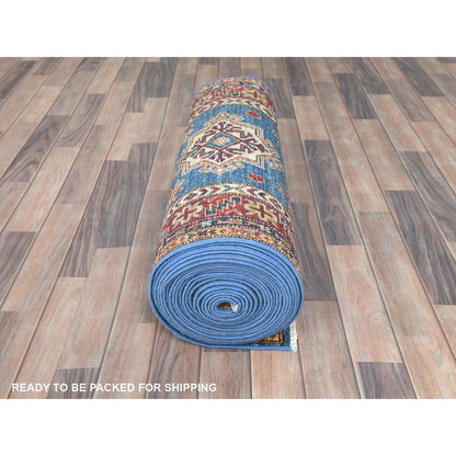 Kazak Wool Hand Knotted Rug Blue Red 2.7X34.0 -O082602