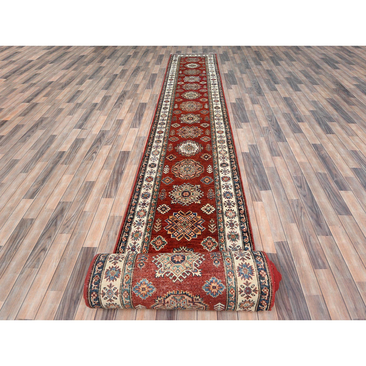 Red Runner: Long/Wide Kazak Hand knotted Wool Rug - Sku: O082607