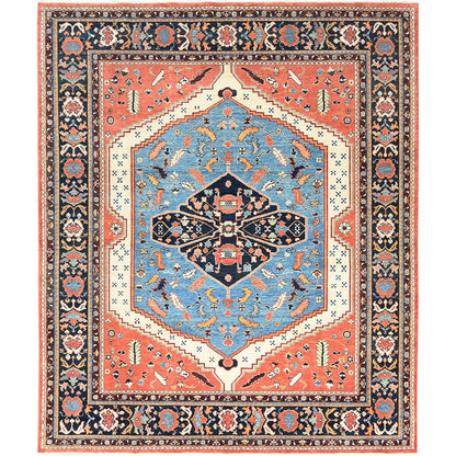 Heriz Wool Hand Knotted Rug Orange Navy Blue 8.0X9.6 -O082676